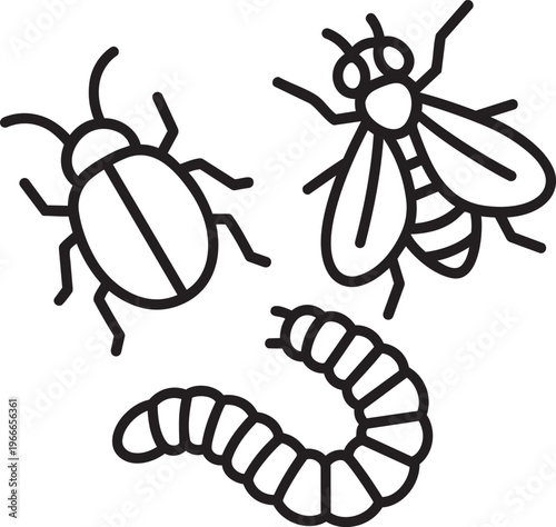 Group of different insects including beetle fly and caterpillar representing biological pest infestation line icon vector