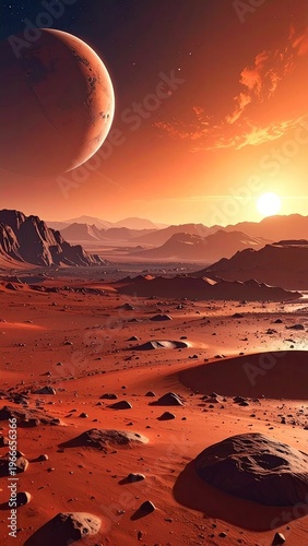 Red planet desert landscape with a large moon in view