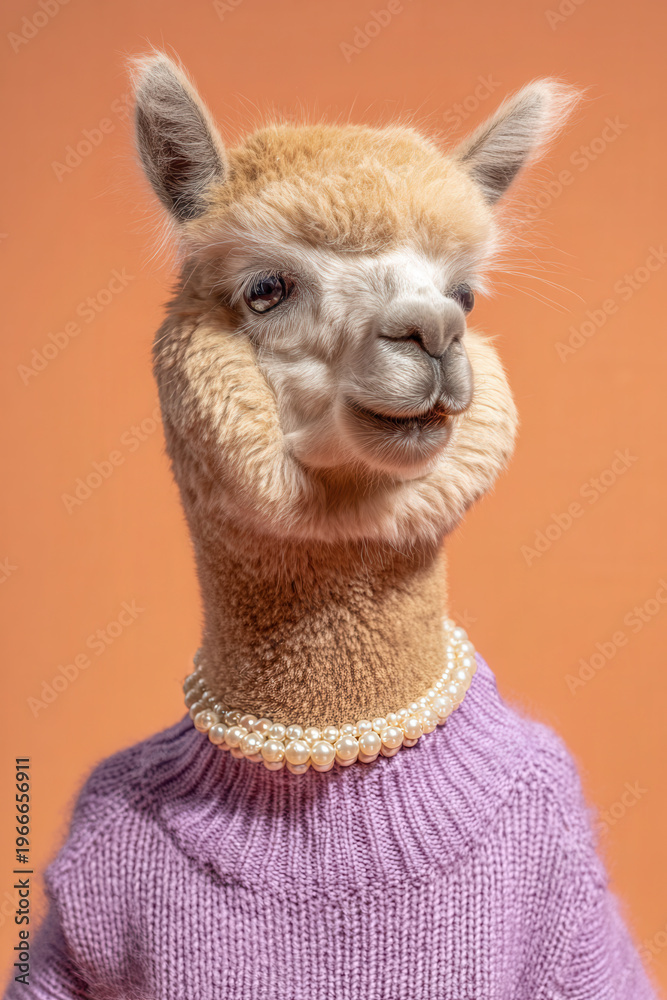 Naklejka premium Fashion portrait of alpaca wearing pearl necklace and knitted sweater against soft orange background with playful styling