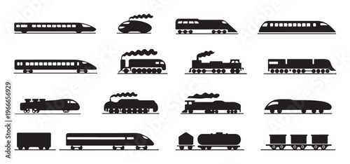 Minimalist train icons set featuring passenger cars freight tankers and high speed rail silhouettes for maps