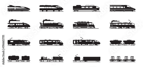 Detailed rail vehicle silhouettes including electric locomotives freight tankers and modern high speed trains