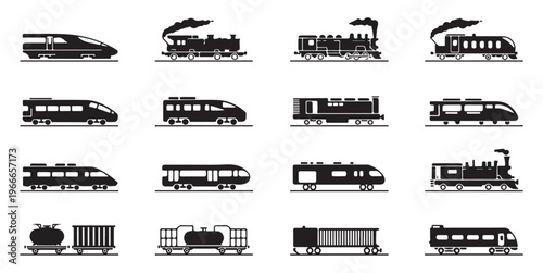 Train silhouette icons with different railway vehicles including modern and vintage engines freight cars