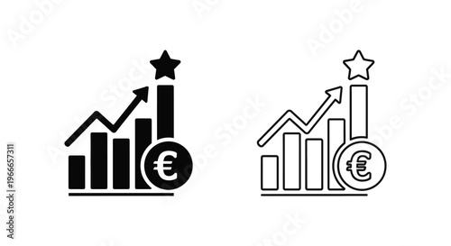 black and white line icons of business growth with euro currency Vector