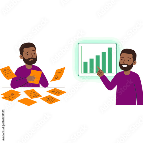 Two men analyzing data and papers in a business setting indoors