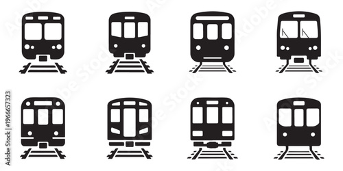 Railway train front view icons collection showcasing different styles of modern and classic rail vehicles
