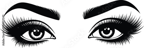 A black and white illustration of a womans eyes with long eyelashes