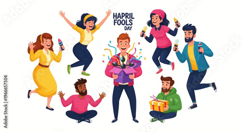 Colorful illustration of people celebrating April Fools' Day with joyful expressions and playful actions on a white background.