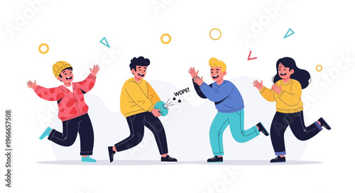 Four diverse people running and playing together in a joyful scene with colorful shapes floating around them on a white background, celebrating April Fools' Day in a fun and lively annual