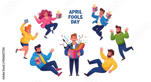 Illustration of people celebrating April Fools' Day with joyful characters in various playful poses, surrounded by colorful confetti and gifts on a white background, conveying a