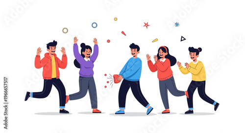 A group of people celebrating April Fools' Day with a joyful and playful atmosphere, spreading harmless hoaxes as a joke in a colorful illustration with a white background.