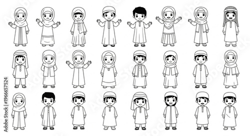 Collection of Arabic children in traditional attire, black and white.