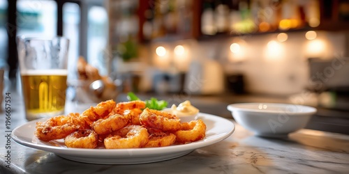 Fried calamari rings with beer on marble counter