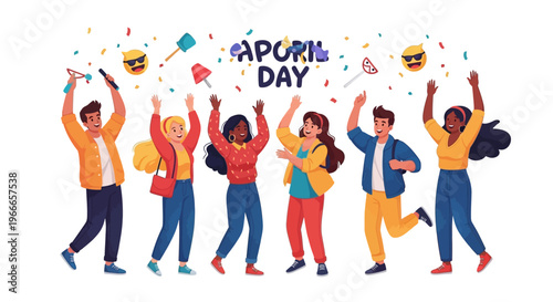Colorful illustration of people celebrating April Fools' Day with joyful expressions and playful gestures against a white background with confetti.