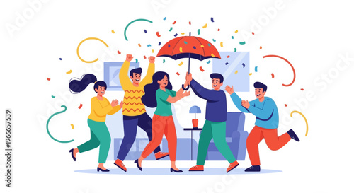 Illustration of people celebrating April Fools' Day with colorful confetti and an umbrella on a business background, spreading harmless hoaxes as a joke in a joyful event.