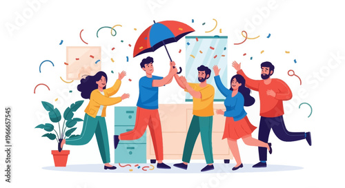 Illustration of diverse people celebrating April Fools' Day with colorful confetti and an umbrella in a joyful scene.