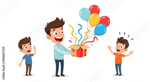 Illustration of a man surprising two boys with a gift on April Fools' Day, spreading harmless hoaxes as a joke in a playful, colorful scene with balloons and confetti, conveying a joyful