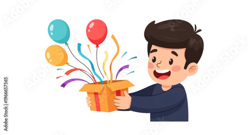A cheerful cartoon boy holding a gift box with colorful balloons and confetti, spreading joy on April Fools' Day with a playful and humorous design.