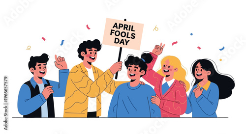 A colorful illustration of diverse people celebrating April Fools' Day with a sign and confetti, conveying a joyful and playful mood in a simple background.