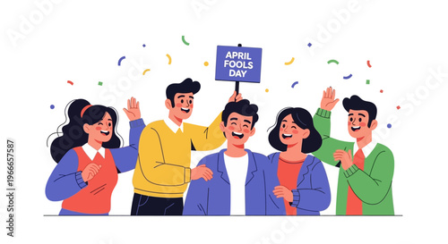 Illustration of diverse people celebrating April Fools' Day with a sign and confetti on a white background, spreading harmless hoaxes as a joke in a joyful event with colorful design