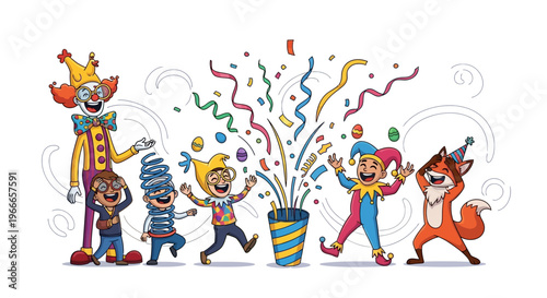 Colorful illustration of people in playful costumes celebrating April Fools' Day with a party popper in a lively and joyful scene.