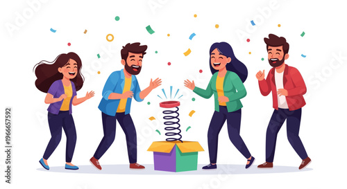 A colorful illustration of four people celebrating April Fools' Day with a surprised expression and confetti, spreading harmless hoaxes as a joke in a playful annual tradition with a