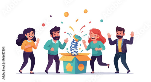 A colorful illustration of four people celebrating April Fools' Day with a popping box and confetti on a white background, conveying a joyful and playful mood with a mix of bright colors.