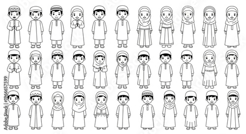Collection of Arabic men in traditional clothing, black and white illustrations.