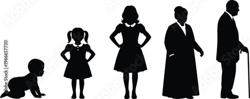 Human life stages silhouettes from baby to elderly, aging process concept with growth and development, black vector illustration isolated on clean background