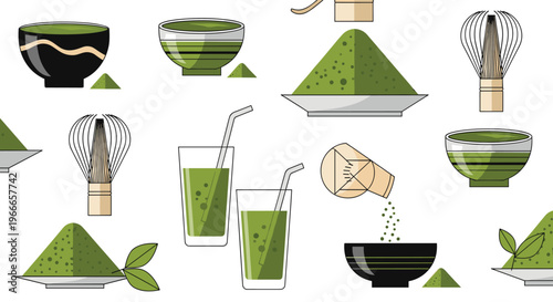Matcha green tea preparation set includes various bowls, whisks, and glasses of tea displayed on a white background.