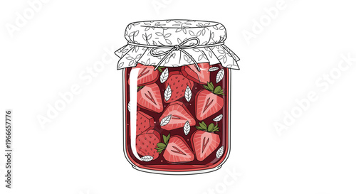 Detailed illustration captures a glass jar filled with preserved strawberry halves in a sweet red syrup with mint leaves.