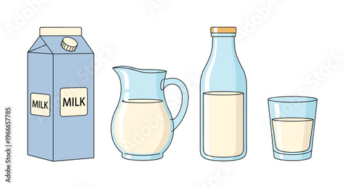 Various milk containers including a carton, pitcher, glass bottle, and glass are shown filled with fresh white milk.
