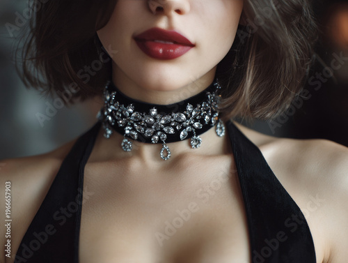 Close-up of a woman's neck and shoulders wearing a sparkling black velvet choker necklace with rhinestones and dangling charms.