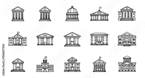 University building icon set education campus architecture lineart vector symbols for school college and academic design