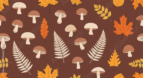 Mushroom and autumn leaf seamless pattern on a dark brown background captures the essence of a fall forest floor.