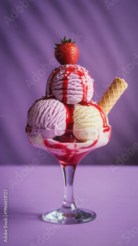 Vintage ice cream sundae in glass dessert dish, strawberry topping and wafer cookie, pink purple studio still life