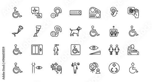 Universal accessibility icon set lineart vector symbols for disability support inclusive design and public signage
