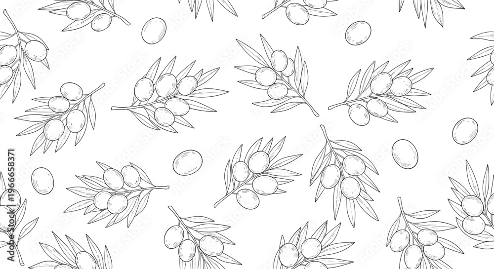 Fototapeta premium Seamless pattern depicts graceful olive branches with ripe olives and delicate leaves in a classic line art style.