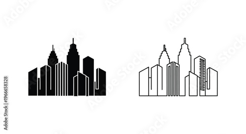 a black and white city skyline with tall buildings Vector