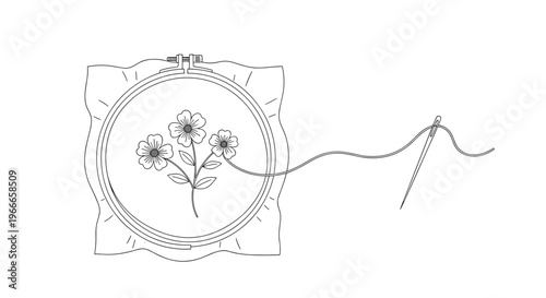 Illustration of an embroidery hoop holding fabric with a flower design being stitched by a needle and thread.