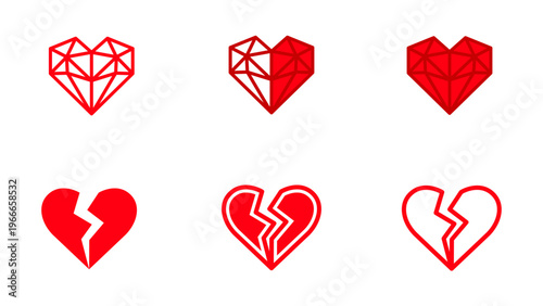 Heart and Broken Heart Icons Set – Love, Valentine, Emotional Symbol Vector Collection
