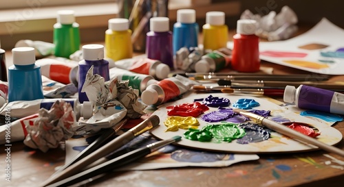 Vibrant artist's workspace with colorful paints and brushes