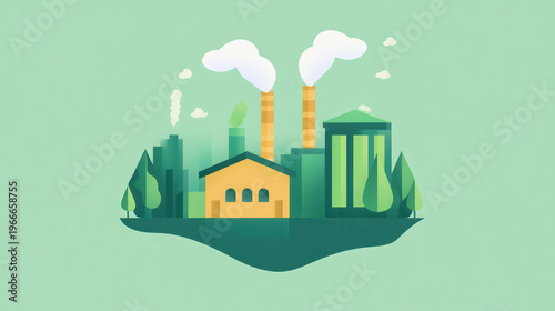 An illustration of a factory and buildings surrounded by trees and greenery