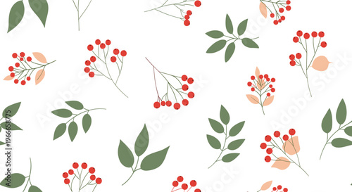 Simple seamless pattern shows red berry clusters on thin branches and green leaves scattered on a white background.