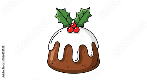 Festive christmas pudding with white icing and holly berries on top is a traditional british dessert for the holiday season celebration.