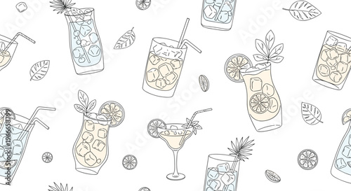 Seamless pattern of refreshing cocktails in various glasses with ice, straws, fruit slices, and mint leaves.