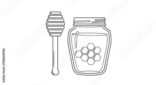 Minimalist line art illustration of a glass honey jar with a honeycomb design and a wooden dipper isolated on a white background.