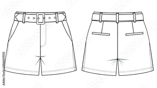 Vector CAD design style illustration of shorts with belt