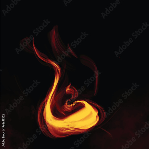 Minimal yet powerful abstract design featuring a swirling flame with glowing red and yellow tones on a deep black background. The smooth fluid motion creates a dramatic and intense visual.