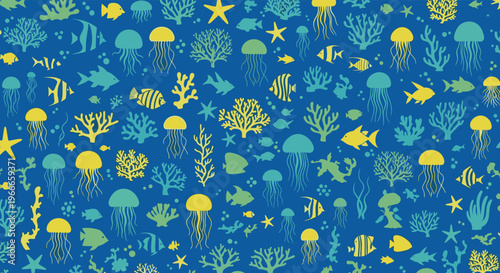Detailed underwater pattern on a deep blue background featuring yellow and green jellyfish tropical fish and coral reef shapes.