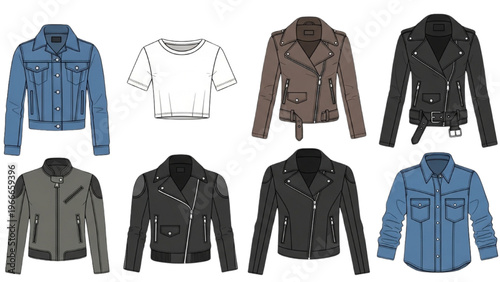 Collection of various jackets and shirts in vector CAD design style
